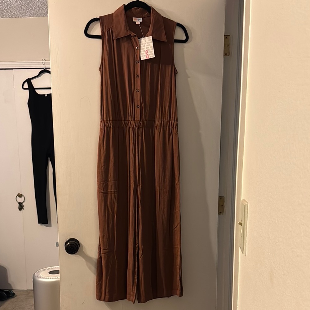 LuLaRoe - Kathy Brown Sleeveless Jumpsuit with Notched Collar